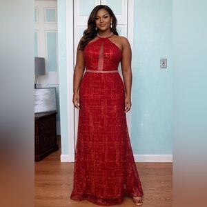 Size 6 Deep Red Clarisse 8018 Halter Glitter pageant prom dress gown NWT